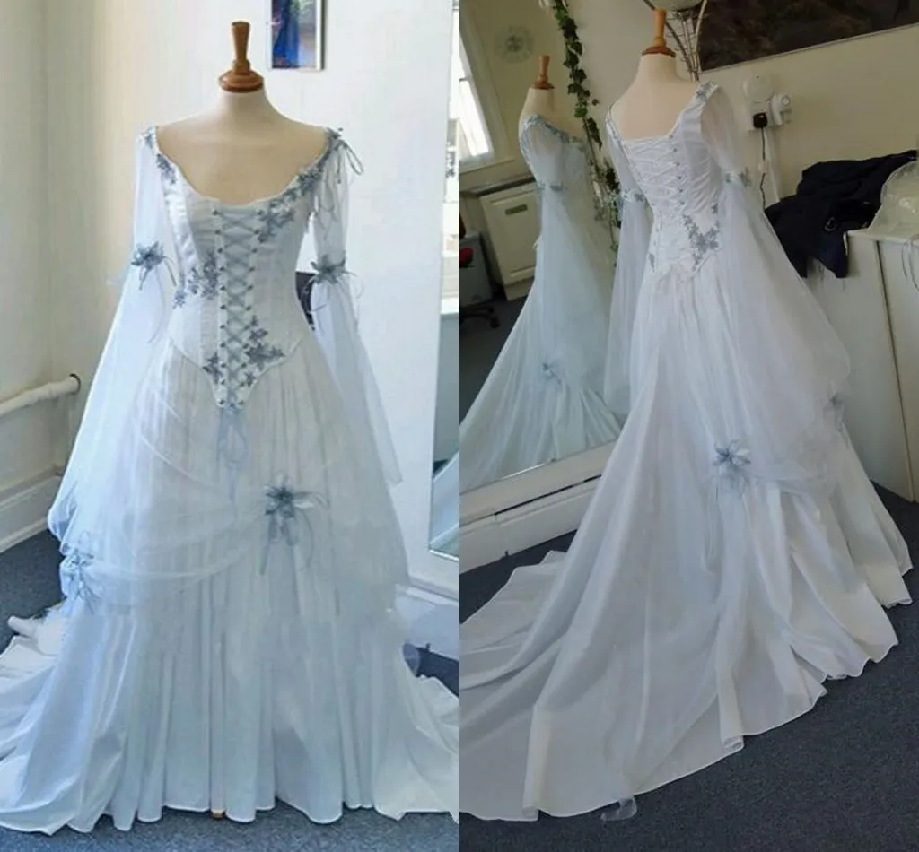 Vintage Celtic Gothic Corset Aftonklänningar med långärmad plusstorlek Sky Blue Medeltida Halloween Occasion Prom Party Gown