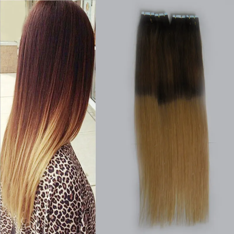 Rey ombre human hair Tape in extensions body wave 200g #4 /27 honey blond ombre Brazilian PU Hair Skin Weft Hair