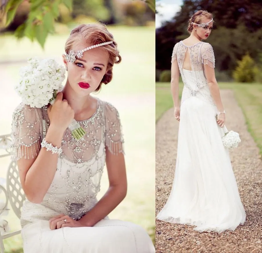 Vintage Great Gatsby Sparkly Crystal Beach vestido de novia Jenny Packham Cap manga país espalda abierta vestidos de novia vestidos de novia