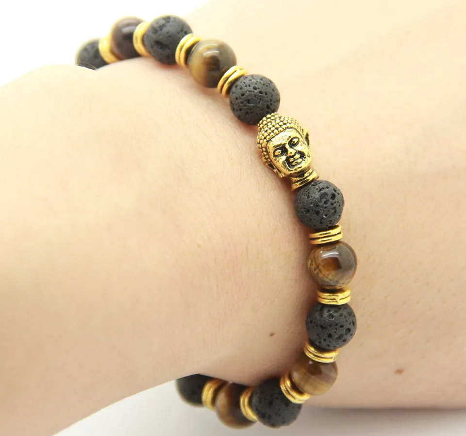 Perle di pietra lavica Buddha Braccialetti da uomo Nastro in oro e Bronez Buddha Bracciale yoga nero unisex316f