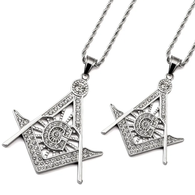 Par Masonic Pendant Smycken Freemason AG Emblem Symbol Hänge Hip Hot Punk Rock Pendants Halsband med lysande kristaller CZ Stones