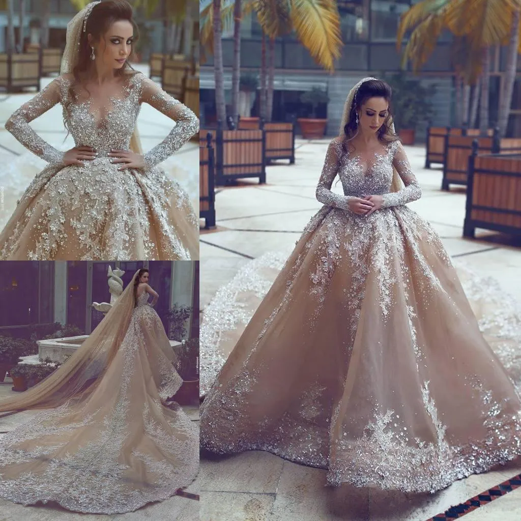 Ayrılabilir Tren Ile 2018 Lüks Rhinestone Dubai Gelinlikler Illusion Boyun Çizgisi Uzun Kollu Gelin Elbise Muhteşem Mermaid Gelinlik