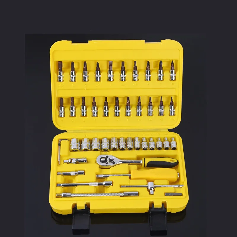 Gratis verzending 46 Stks Ratchet Moersleutel Socket Tool Box Set Handleiding Mouw Tools Set voor Nood Auto Reparatie Automobile Hardware Tool Accessoire