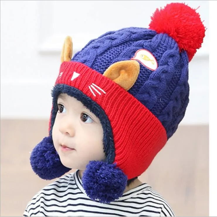 Tjockna baby vinter varm hatt söt katt keps barn tecknad öronmuffar hattar unisex borstade beanie mode skidkepsar