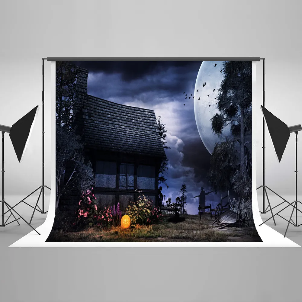 Freeshipping Night Photo Achtergrond Halloween Old House Moon Picture Backdrops Happy Pumpkin Children Photography Achtergrond