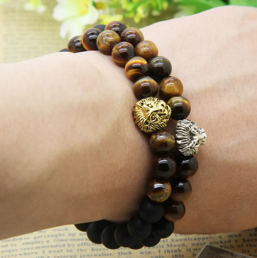 Nya Design Mens Armband Partihandel 8mm Naturlig Tiger Eye och Matt Agate Stone Pärlor Guld Lion Head Armband, Party Gift