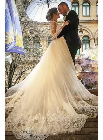 Vestidos de casamento de mangas compridas do vintage com saia destacável Sheer V-neck Beads casamento vestidos de tule de volta coberto botão vestido de noiva