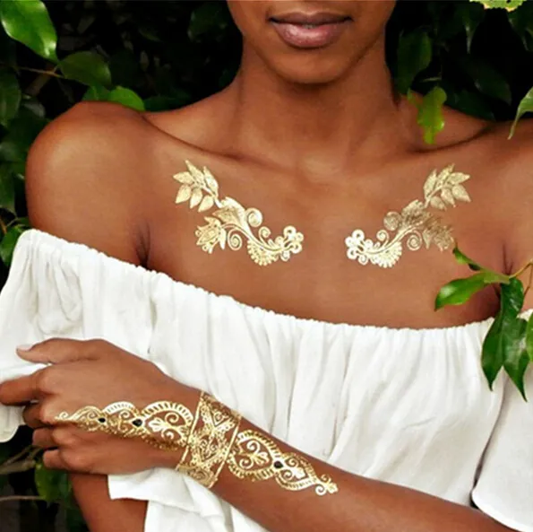 Mode Sexy Metalic Gold Tatoo Tijdelijke Flash Tattoos Sex Producten Henna Metalen Bling Lichaam Verf Stickers Tats Tattoo Sticker 14 * 25cm