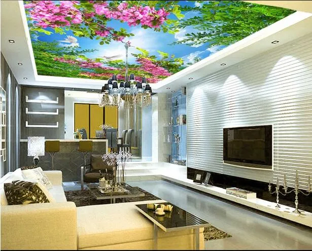 3D soffitto murales carta da parati personalizzato foto non tessuta murale 3 d murali murali carta da parati pareti 3d fiori foglie blu cielo decorazione pittura