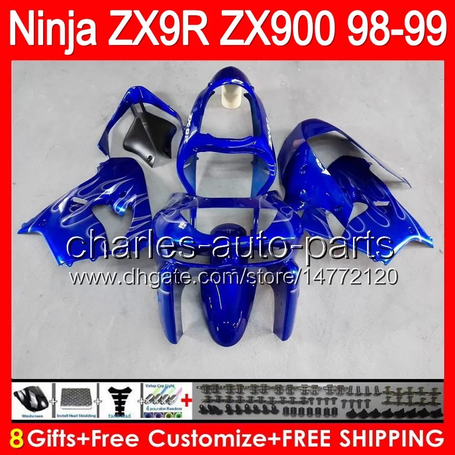 8gifts هيكل السيارة لمعلم أزرق Kawasaki ZX9R 98 99 ZX 900 Body 38NO18 ZX 9R 9R 9R 98-99 9 ص ZX900 ZX-9R 1998 1999 900cc Blue Black Flating