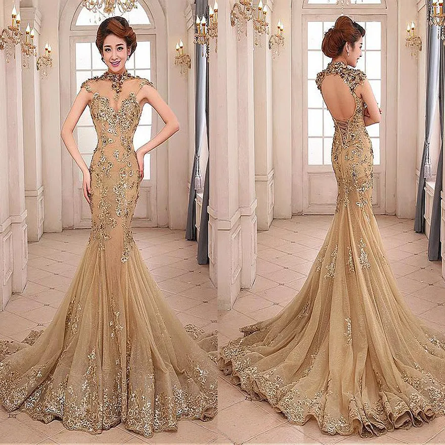 Abito da sera a sirena con collo alto in tulle con strass con strass applique con paillettes e cristalli oro abito da ballo vestido largo de fiesta