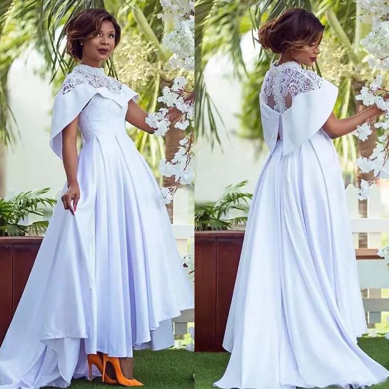 African 2018 White Satin High Low Wedding Dresses Modest Pearls High Collar With Short Sleeve Lace Bridal Gowns Custom Made EN101910