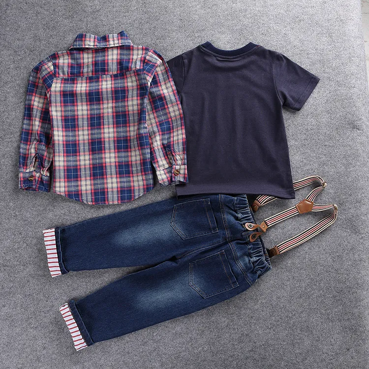 Roupas Meninos Primavera Outono Crianças Menino Terno Suave Manga Longa Camisas + Algodão Carros T-shirt Tops + Suspender Geral Denim Jeans Sets