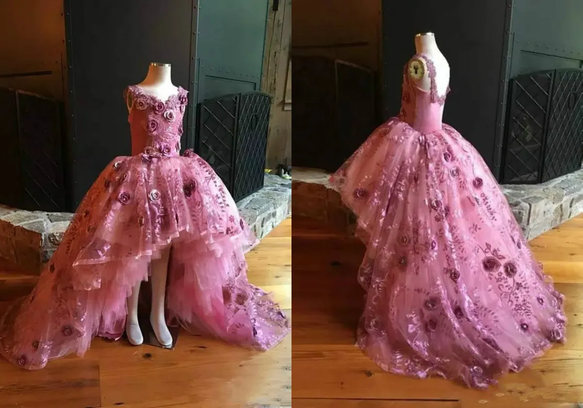 Image réelle robes de demoiselle d'honneur pour mariage haut bas rose et violet filles robe de reconstitution historique dentelle faite à la main fleur enfants robe formelle