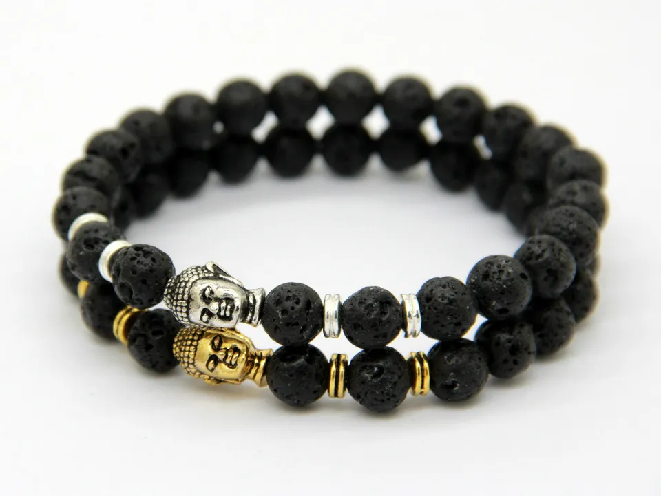 2015 Hot Sale Jewelry Black Lava Energy Stone Beads Gold And Silver Buddha Bracelets Wholesale New Products for Men's and Women's GIft