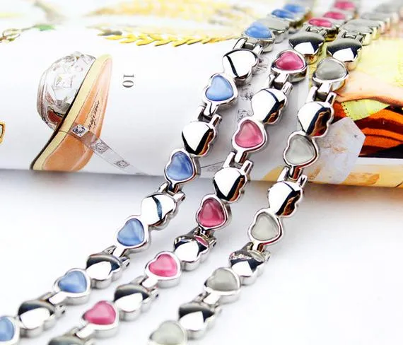 Heart shape health link chain bracelet for girl women good friend friendship magnetic energy bracelets with red white blue opal stones