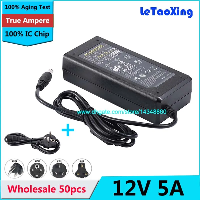 50pcs AC DC 어댑터 12V 5A 전원 공급 장치 60W 코드 케이블 5050 3528에 대 한 LED 스트립 빛 LED 디스플레이 LCD 모니터 IC 칩