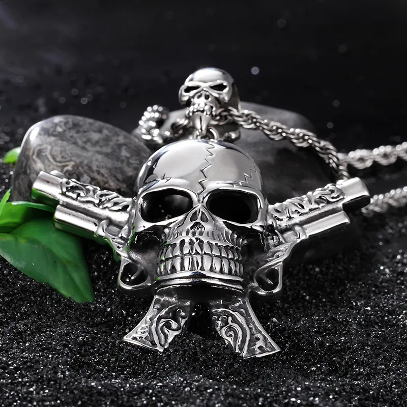 Große Guss Silber 316L Edelstahl Biker Skelett Schädel Doppel Pistole Anhänger Gothic Halskette Männer Coole Schmuck Geschenke