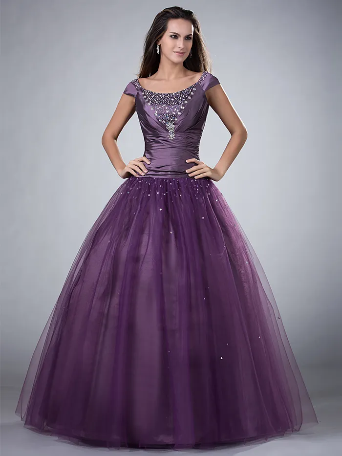 Purple Ball Gown Long Modest Prom Dresses With Short Sleeves Scoop Corset Back Sparkly Beaded Floor Length Teens Formal Prom Gowns