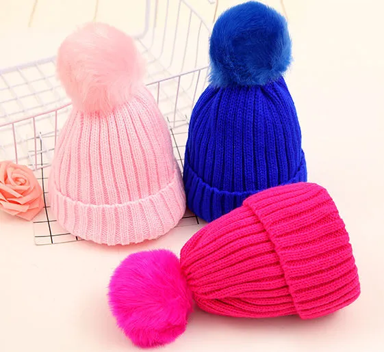 Winter Children Faux Fur Pom Pom Knitted Hats Kids Boys Girls Solid Wool Beanies Skullies Cap