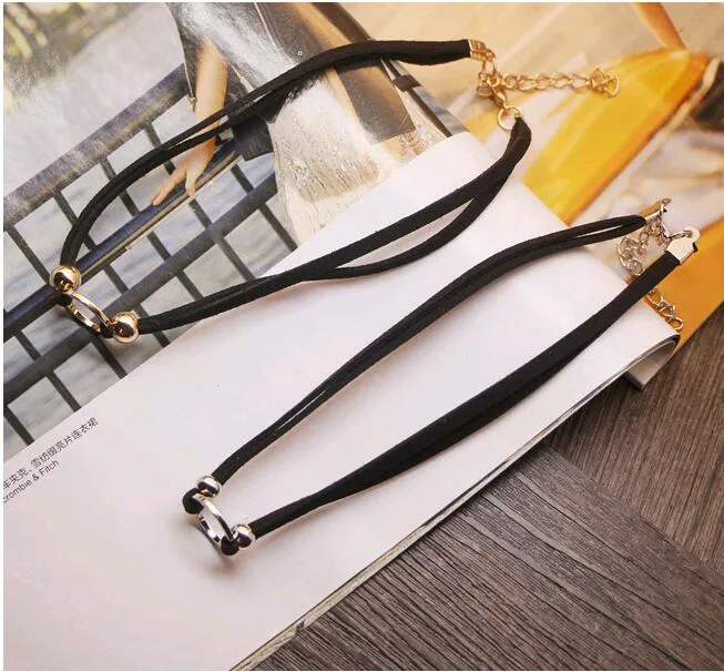 Punk Japan Leather Chokers Fashion Simple 2 layered Collar Necklaces for Women Circle Clasps Charms Korean Jewelry 