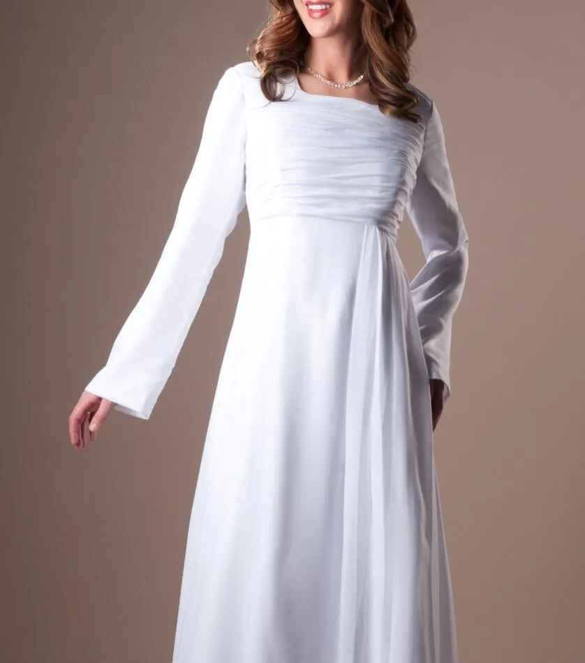 Long Informal Chiffon Modest Wedding Abites con maniche lunghe Abiti da sposa Temple Informale Beach Sareggia