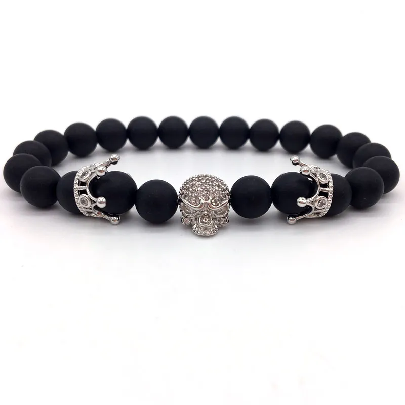 Fashion brand natural Beads Strand PULSERA Pave CZ skeleton cráneo black Agate stone , Piedra, ROCA Hombres de energ í a Europeo joyería Bud