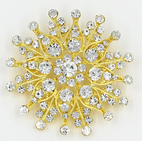 Elegante Gold überzogene funkelnde klare Kristalle große Blume Frauen Brosche Hochzeit Brautstrauß Luxus Pins Broschen Dame Schal Pins