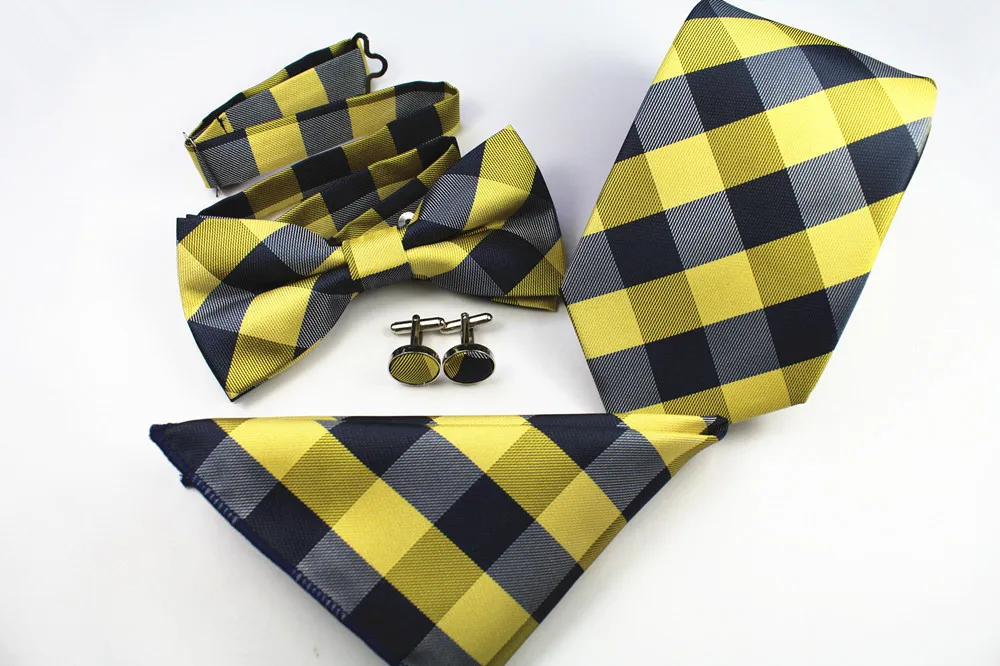 Stripe Neck Tie Bowtie Handerchief Cufflinks Zestawy 8 * 145 cm 38 Kolory Plaid Tie Jacquard Krawat na Dnia Ojca Christmas Prezenty