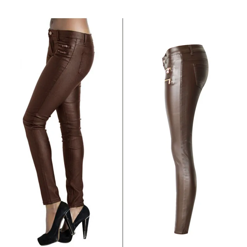 Pantalon élastique taille basse en cuir PU marron pour femme Pantalon enduit à double fermeture éclair Design grande taille