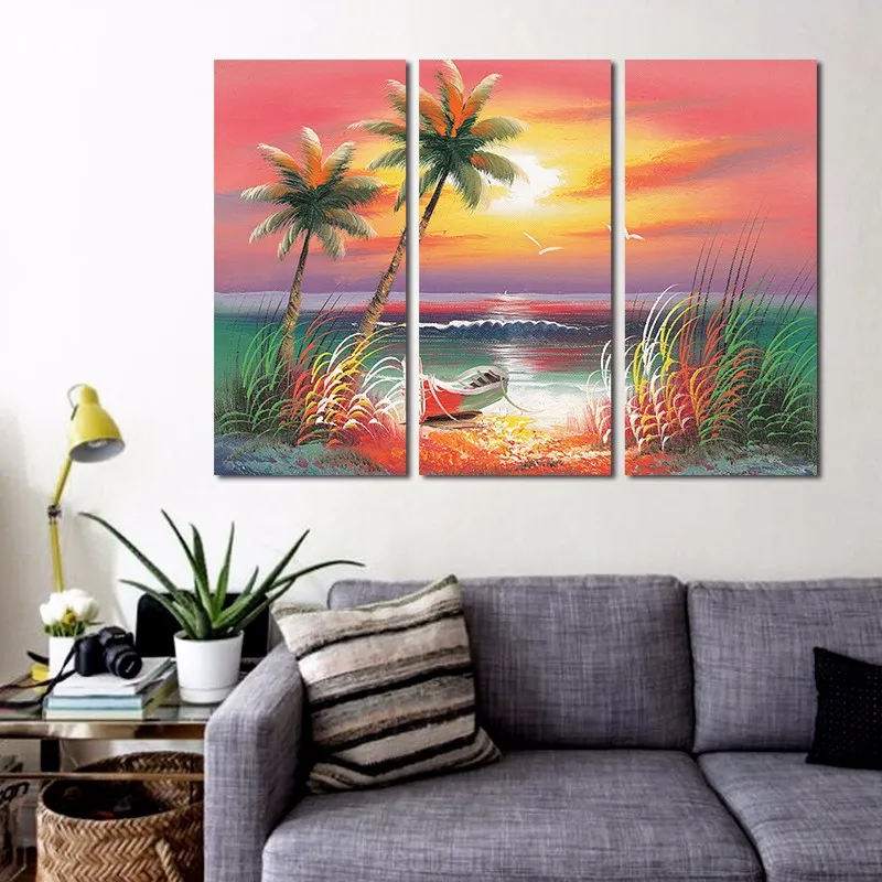 Colorful seascape boat Hawaii decoration coconut tree wall art picture poster flowers Canvas Painting living room unframed1775851