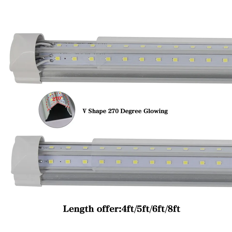مخزون في الولايات المتحدة 4ft 5ft 6ft 8ft 8ft أنبوب ضوء الخامس شكل مصابيح LED متكاملة 8 قدم البرودة الإضاءة LED