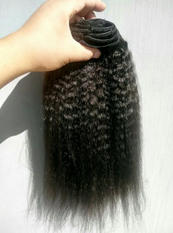 Brasileiro Virgem Humana Kinky Staight Cabelo Clipe em Extensões 9 Peças Um Conjunto Natural Preto