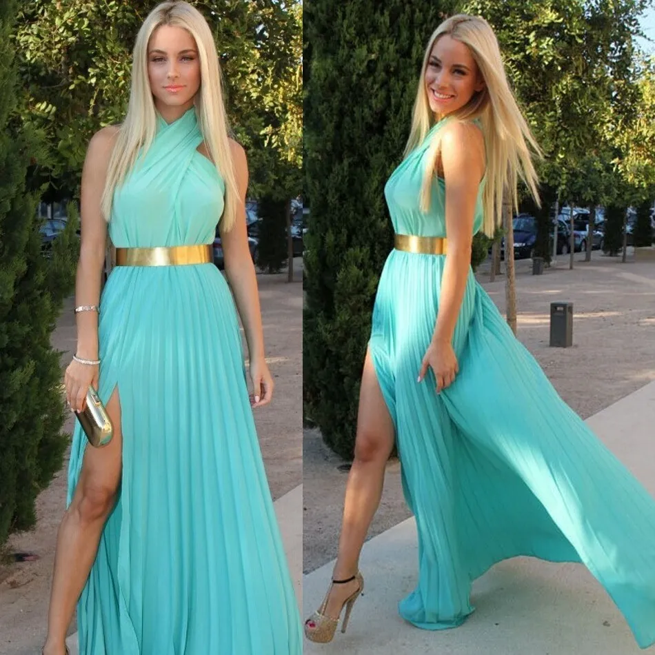 Blå Halter Neck Party Dresses Ärmlös Sexig Sida Split Ruffles Zipper Chiffon Long Prom Klänningar Billiga En Linje Golvlängd Evening Klänningar