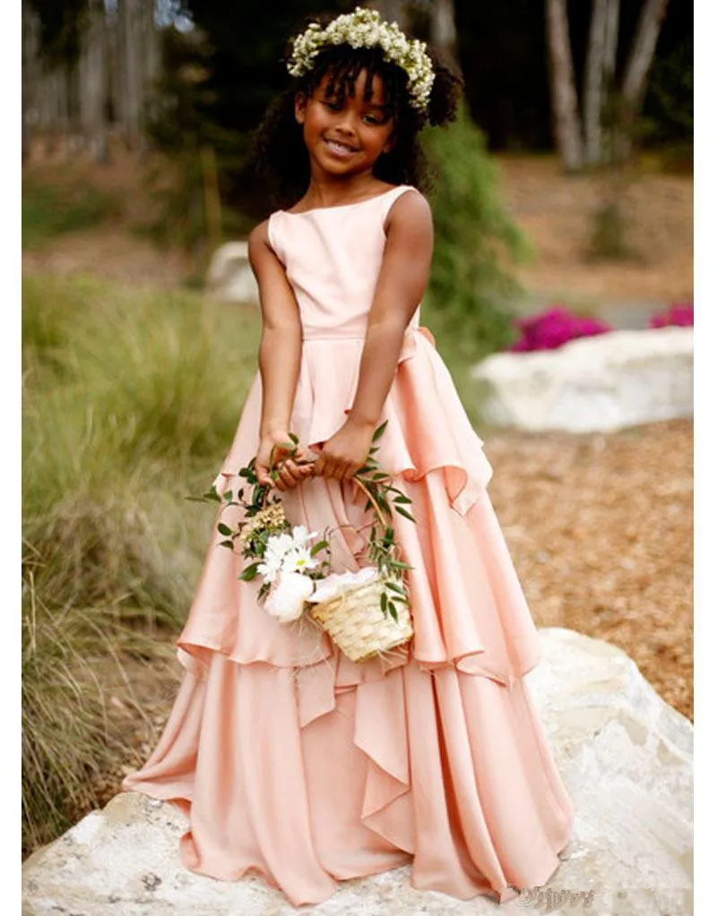 2021 Pretty Blush Pink Flower Girl Dresses Chiffon Girls Pagant Gown Communion för Bröllop Formell Party QC94