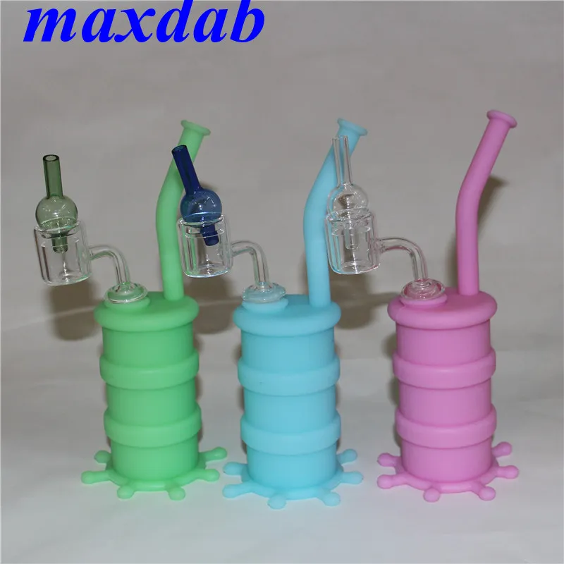 Glow in the dark silicone oil rig Silicon Hookah Bongs with clear double tube quartz banger nail and glass carb cap