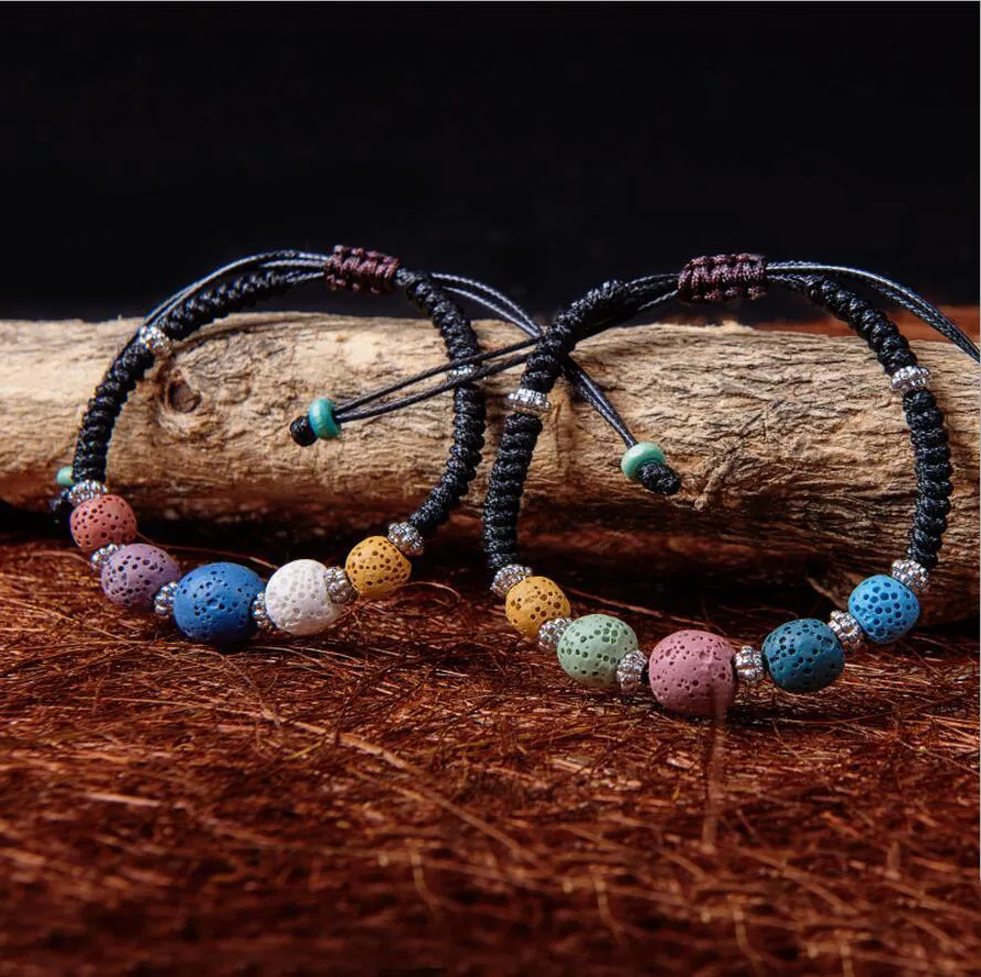 Bracelet de pierre de lave naturel colorisé de mode de parfum d'huile essentielle Diffuseur bracelet ajustable ethnique tissé câble accessoires bijoux femmes