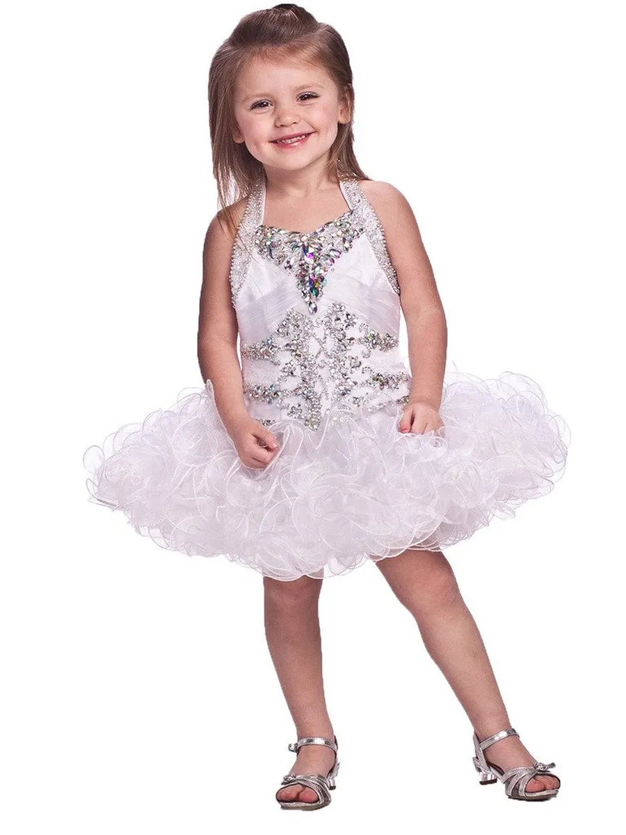 Flower Girls Glitz Perline Pageant Cupcake Abiti Infant Mini Gonne corte Tutu bambini Ragazza Abiti bianchi con cavezza