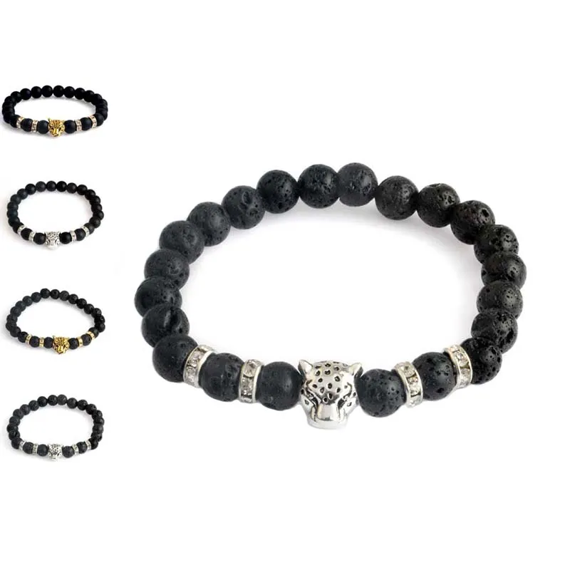 Gold Silver Leopard Head Bracelets Lava Rock Natural Stone Beads Bracelets Aromatherapy Essential Oil Diffuser Buddha Bracelet drop ship