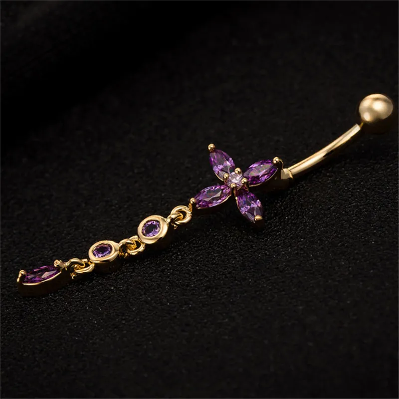 Allergic Free 18k Yellow Gold Plated CZ Crystal Flower Body Piercing Dangle Ring for Women Belly Button Rings for Dancing