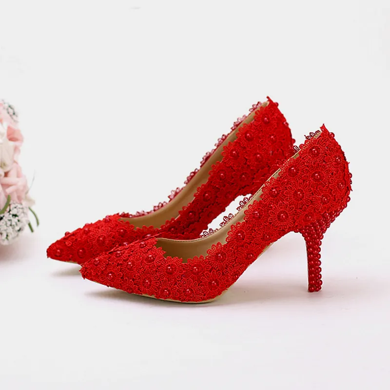 Hot Selling Wedding Shoes Lace Flower Platform Bridal Formal Dress Shoes Women Pumps Birthday Party Dance High Heels
