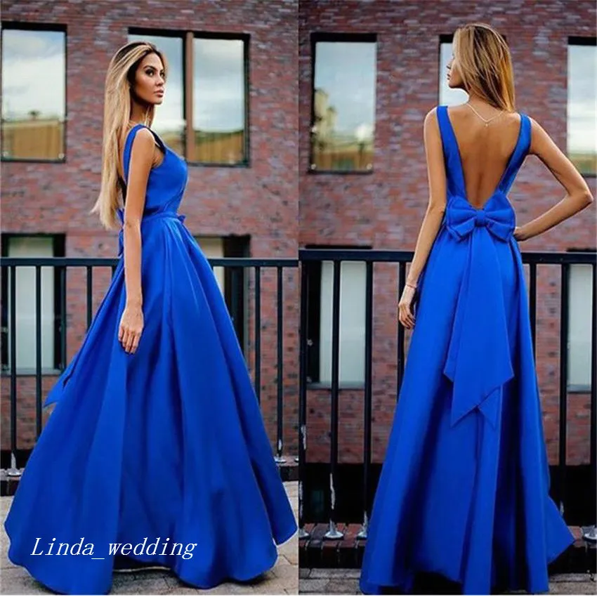 Königsblaues langes Abendkleid, arabische A-Linie, Schleife, rückenfrei, Damen tragen formelles Abschlussball-Party-Event-Kleid