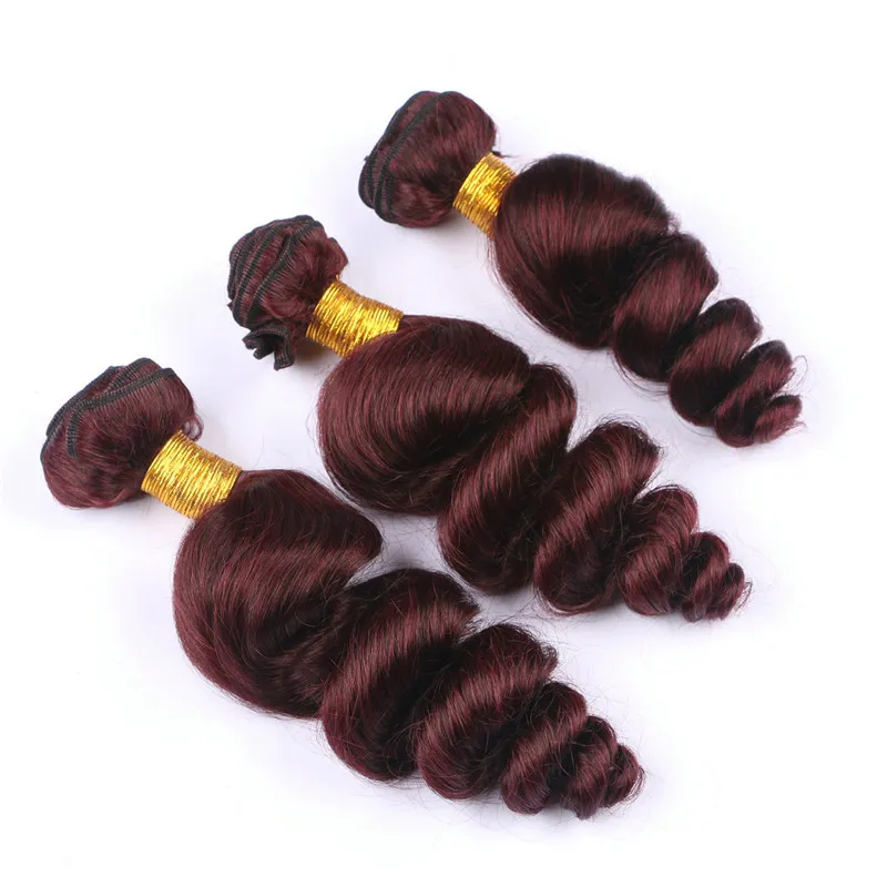 Virgin Indian Borgoña Borgo humano Tejes con 13x4 Lace Frontal Loose Wave #99J Wine Red oreja roja a la oreja Cierre frontal con 3 Bundles