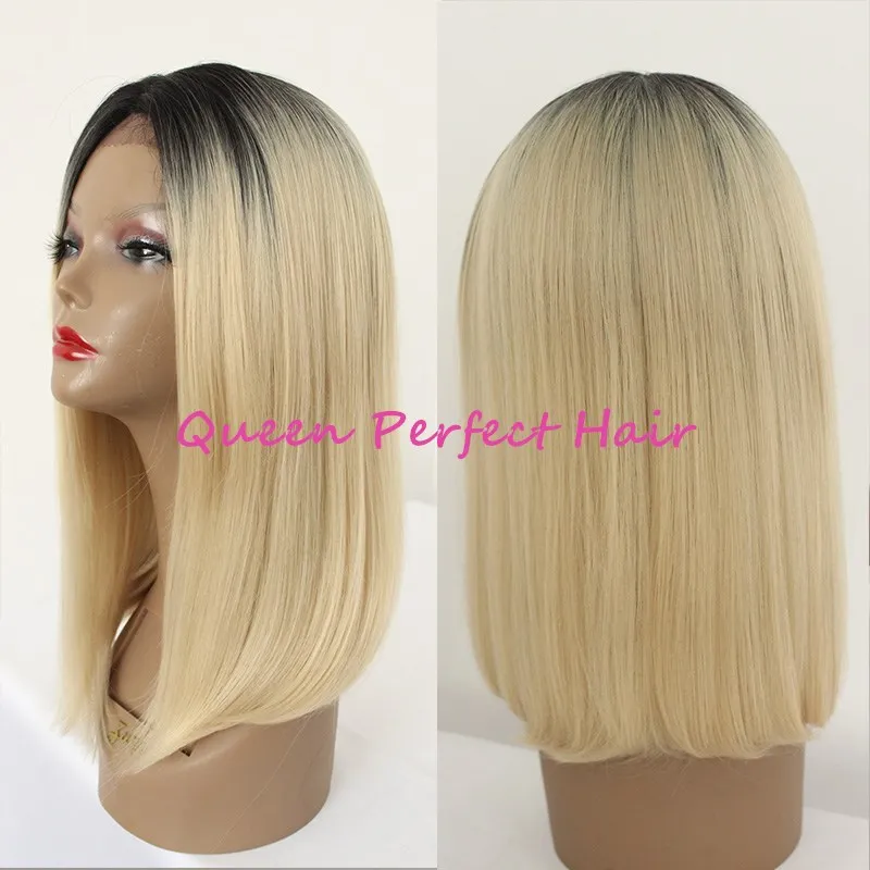 New Fashion Lace Front Wigs Two Tone #1bT#613 Ombre Black&blonde 12inch Straight Short Bob Style Synthetic Heat Resistant Blond Hair wigs