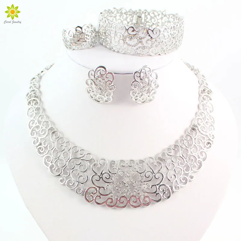 Fine Costume Jewelry Set For Women African Beads Crystal Silver Plated