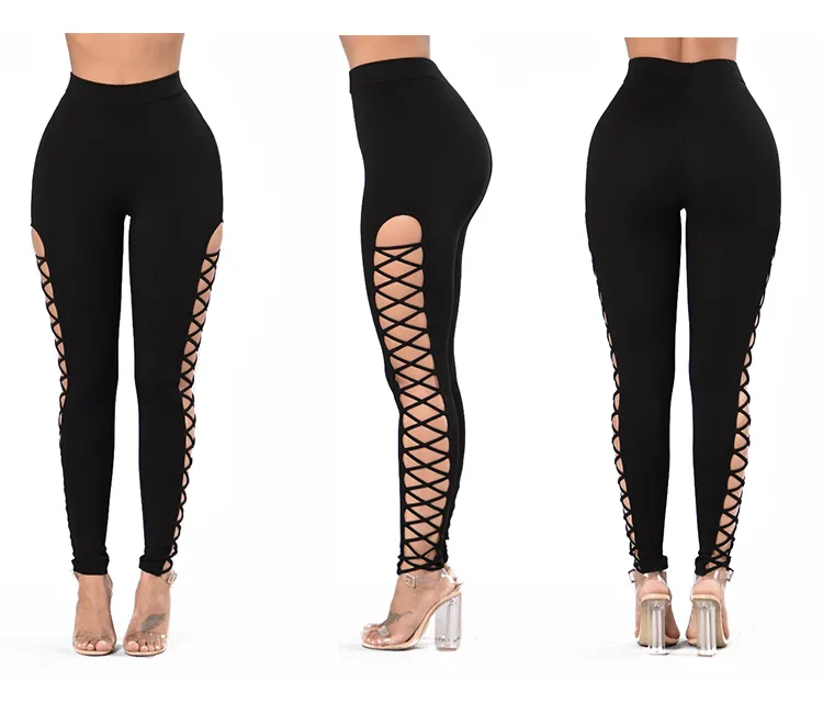 Nouveau design femmes sexy bodyon taille haute taille élastique 2 côtés évider laçage bandage tunique leggings collants pantalon SMLXL