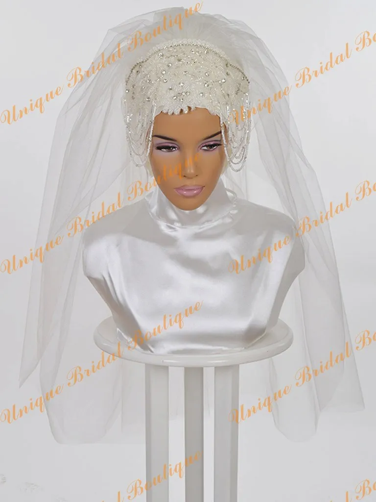 2021 Muzułmańskie welony ślubne z kryształami Dżetów i perły długość łokcia Wedding Bridal Hijab Custom Made