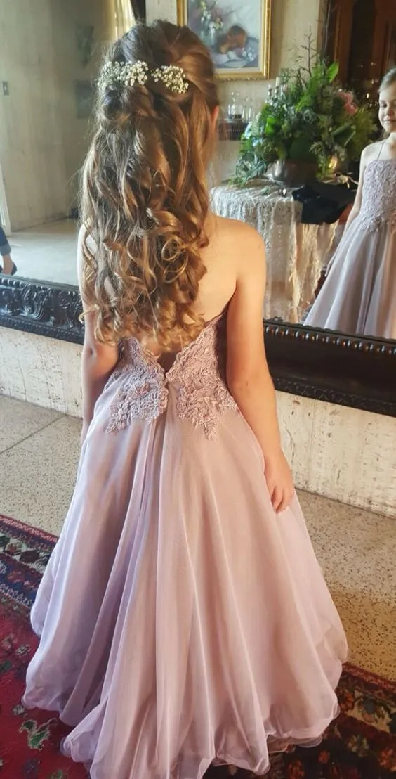 Dusty Różowy Koronki Kwiat Dziewczyna Sukienki Dla Ślubu 2016 Halter Backless Organza Długość Długość Piętro Dziewczyny Pagewne Suknie Dzieci Formalne Dresses