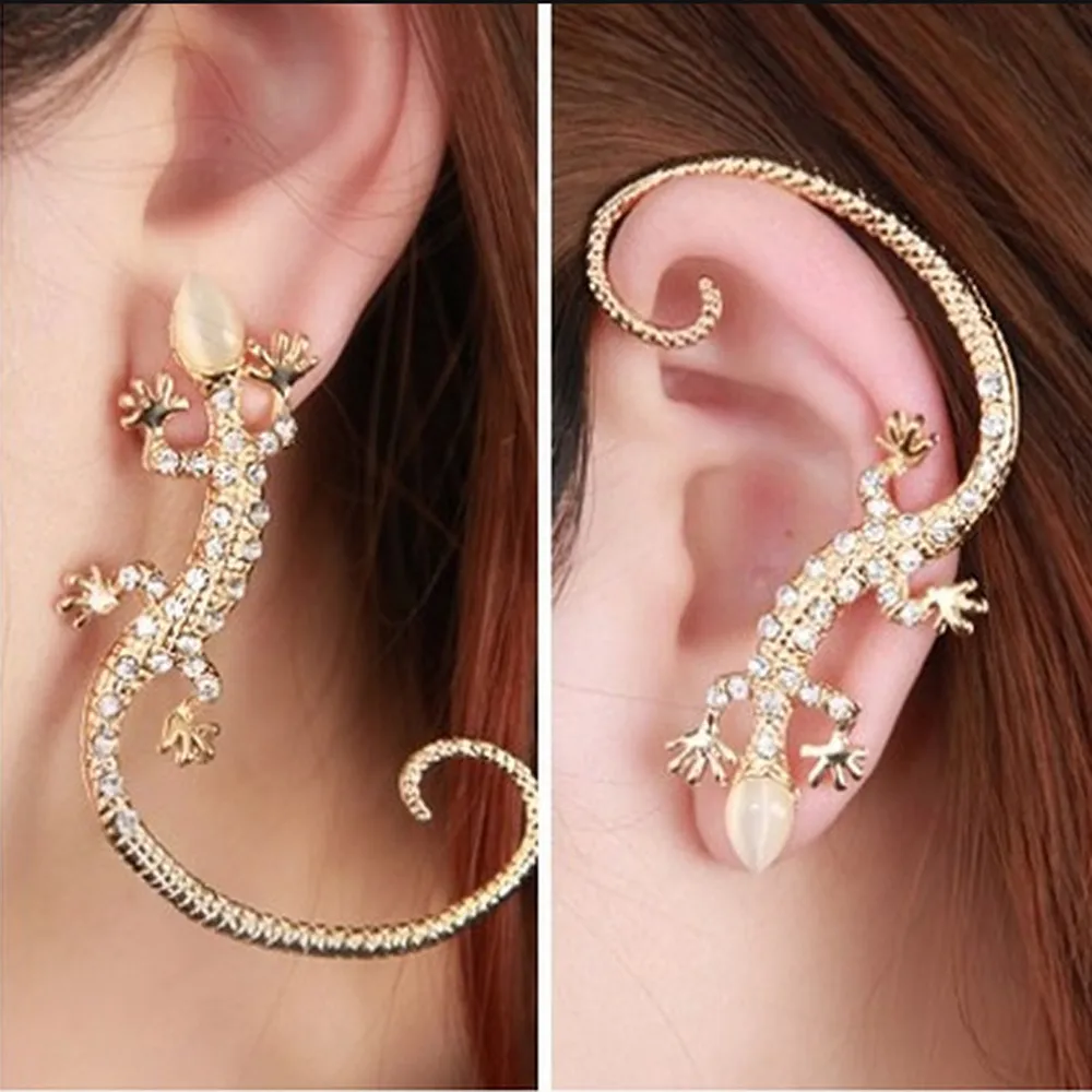 Earcuff Mode Oor Manchet Rhinestone Oorbellen Gouden Verzilverd Lizard Stud Oorbellen Super Leuke Crystal Clip On Oorbellen voor Vrouwen Sieraden