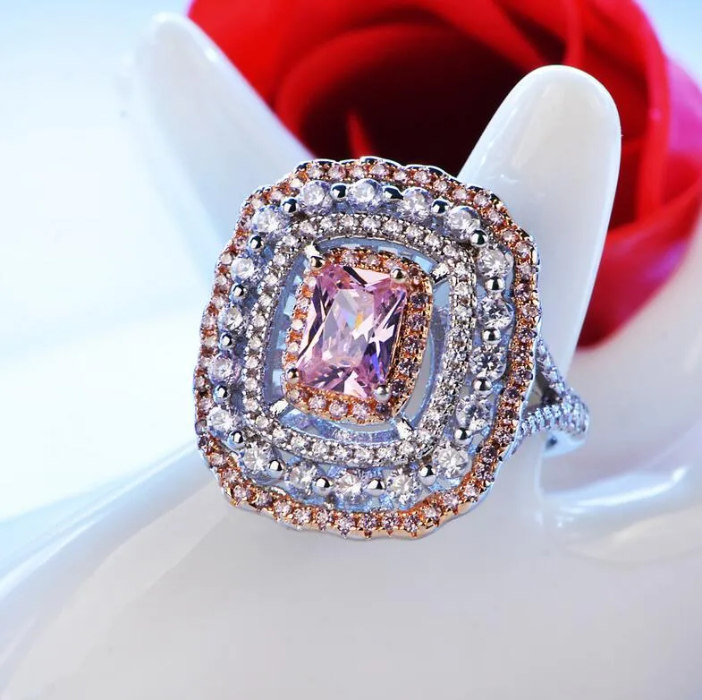 Top verkopen luxe sieraden handgemaakte 18 k wit goud gevuld kussen vorm roze saffier cz diamant edelstenen vrouwen bruiloft kroon band ring